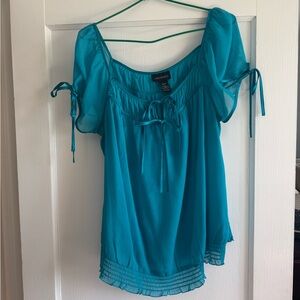 Lane Bryant Teal Sheer Blouse with Tie Details